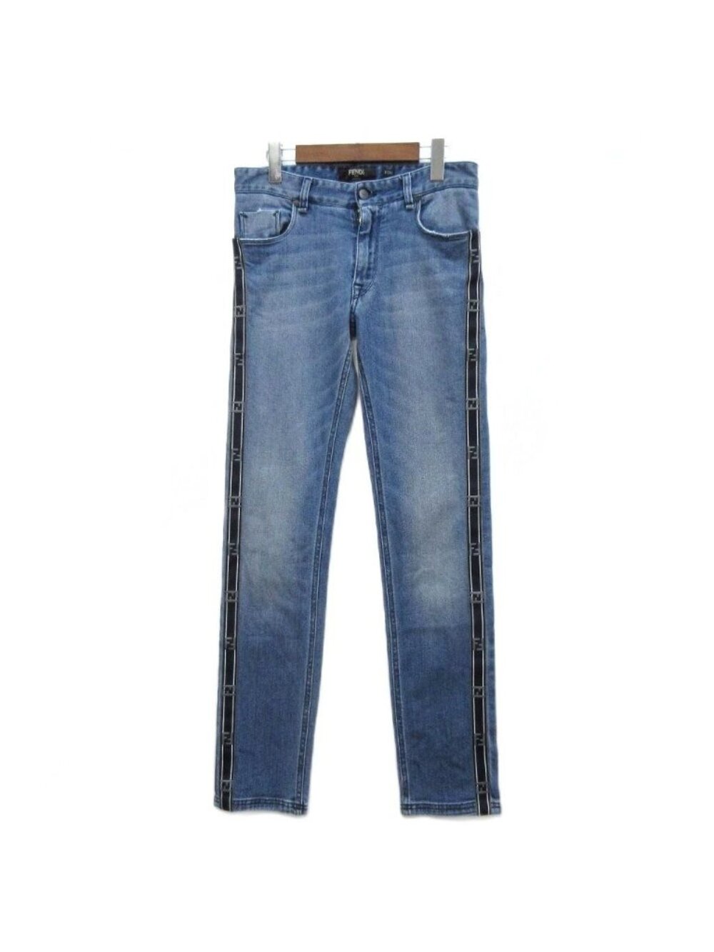 Fendi FF Logo Side Tape Denim Pants Slim Stretch Jeans Distressed Blue 31